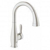 Смеситель для кухни однорычажный GROHE Parkfield с выдвижной лейкой, C-образный излив, суперсталь (30215DC1) — фото, характеристики, купить в ELISTA-CLIMBO