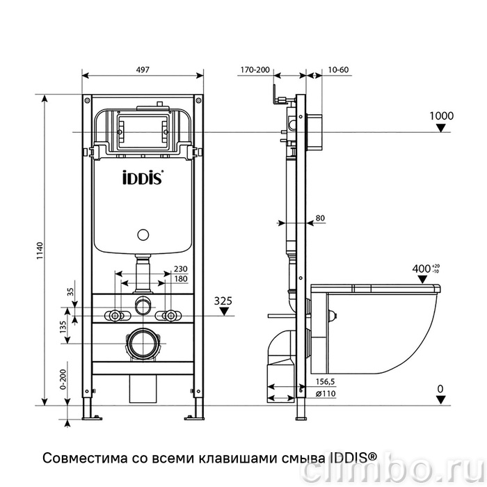 Комплект 3в1: подвесной унитаз, инсталляция и клавиша смыва хром, Бэйсик (Basic), IDDIS, BASTQ01i73 — фото, детали конструкции
